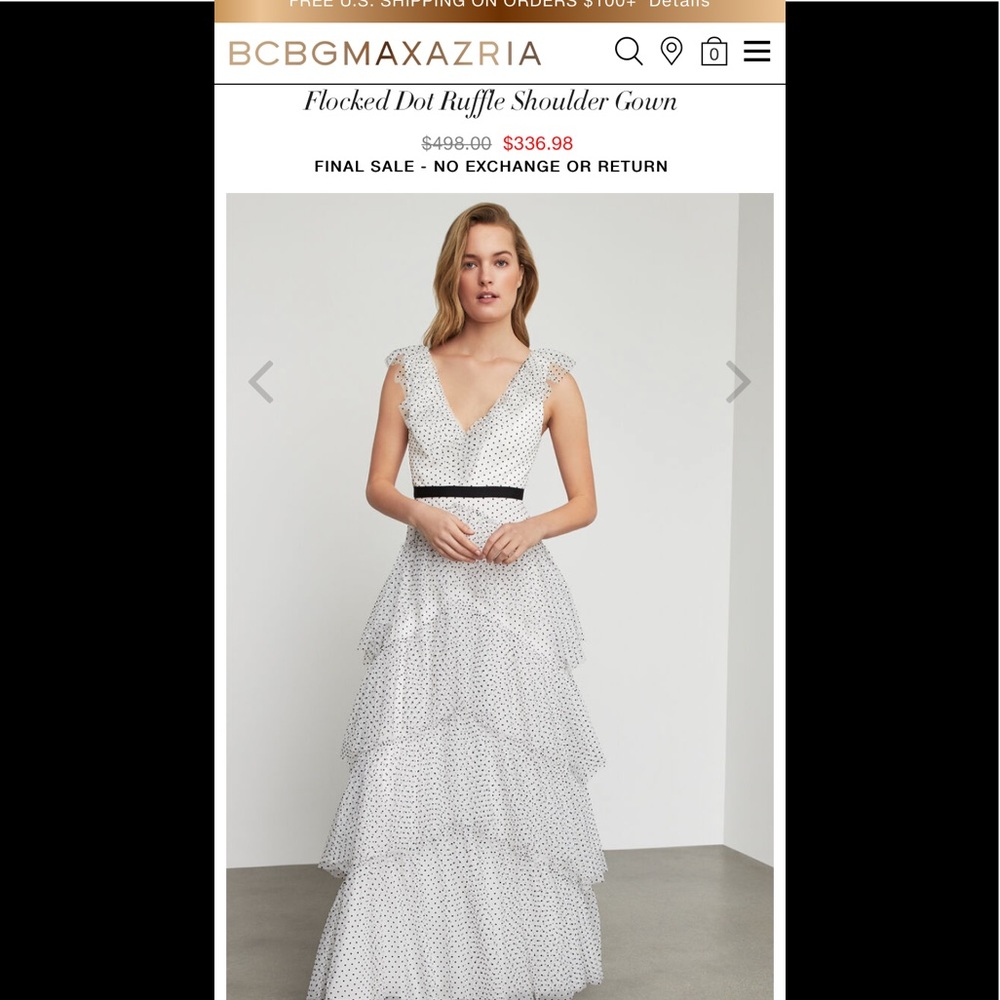 BCBG Flocked Dot Ruffle Shoulder Gown